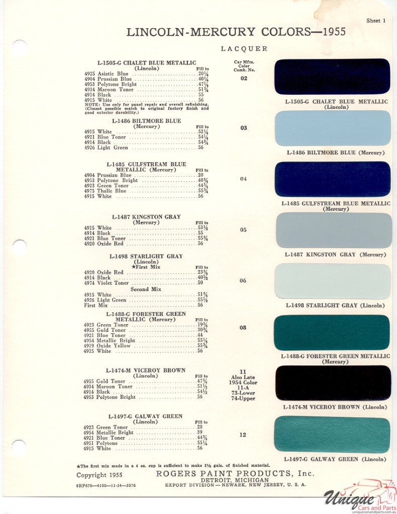 1955 Ford Paint Charts Lincoln And Mercury Paint Charts Rogers Pant 1